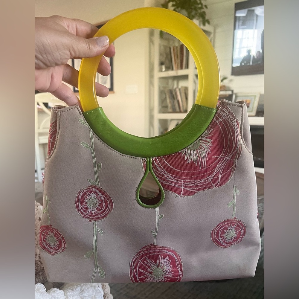 Preston & York Pink Floral Tote with Yellow & Green Ring Handles